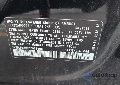 2013 Volkswagen Passat 2.5L Sel из США, поврежденный, VIN 1VWCP7A35DC038898